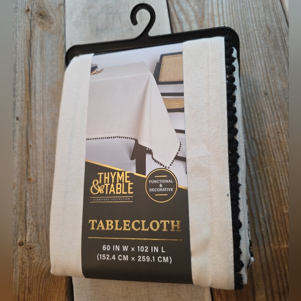 Thyme + Table Signature Collection 60" x 102" Tablecloth Ivory Black PomPom Edge